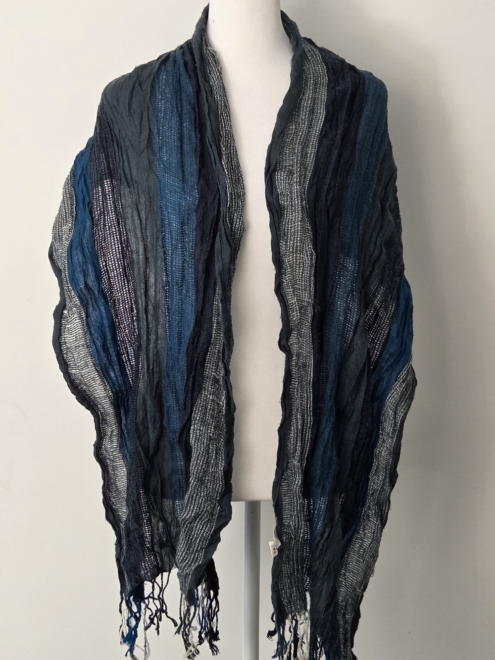 Striped Crinkled Lightweight Scarf in Navy and Gray